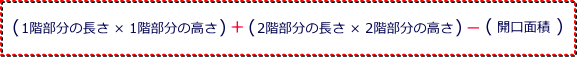 （1階部分の長さ×1階部分の高さ）＋（2階部分の長さ×2階部分の高さ）－（開口面積）