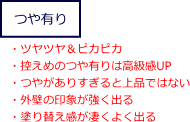 つや有り塗料の特徴　・ツヤツヤ＆ピカピカ　・控えめのつや有りは高級感UP　・つやがありすぎると上品ではない　・外壁の印象が強く出る　・塗り替え感が凄くよく出る